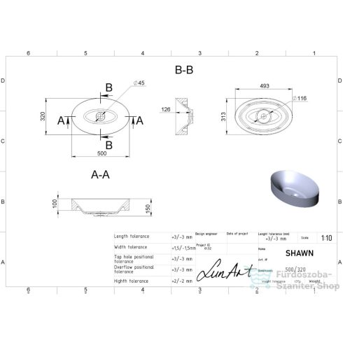 Lunart Shawn 50x32 cm-es pultra ültethető öntöttmárvány mosdó csaplyuk és túlfolyó nélkül,fényes fehér 5999123005113