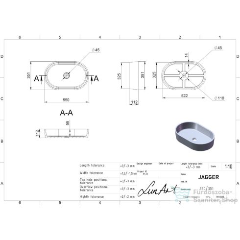 Lunart Jagger 55x35,1 cm-es pultra ültethető öntöttmárvány mosdó csaplyuk és túlfolyó nélkül,matt fehér 5999123005366