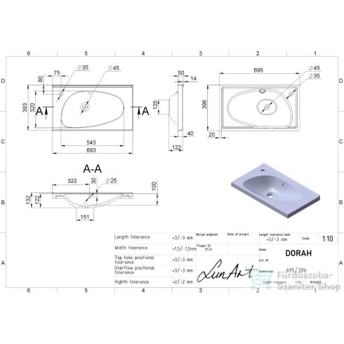 Lunart Dorah 69,5x39,6 cm-es beépíthető öntöttmárvány mosdó,szürke kvarc 5999123005489