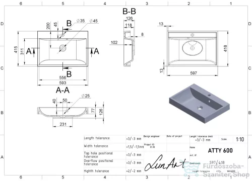 Lunart Atty 600 59,7x41,8 cm-es beépíthető öntöttmárvány mosdó,matt fehér 5999123005649