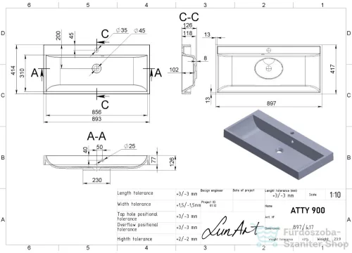 Lunart Atty 900 89,7x41,7 cm-es beépíthető öntöttmárvány mosdó,szürke kvarc 5999123005786