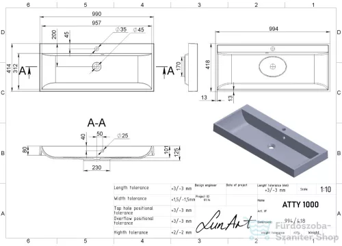 Lunart Atty 1000 99,4x41,8 cm-es beépíthető öntöttmárvány mosdó,szürke kvarc 5999123005823