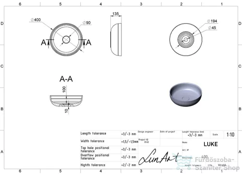 Lunart Luke 40 cm-es pultra ültethető öntöttmárvány mosdó csaplyuk és túlfolyó nélkül,matt fehér 5999123006127