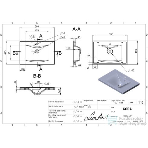 Lunart Cora 700 70x47,5 cm-es beépíthető öntöttmárvány mosdó,fényes fehér 5999123006196