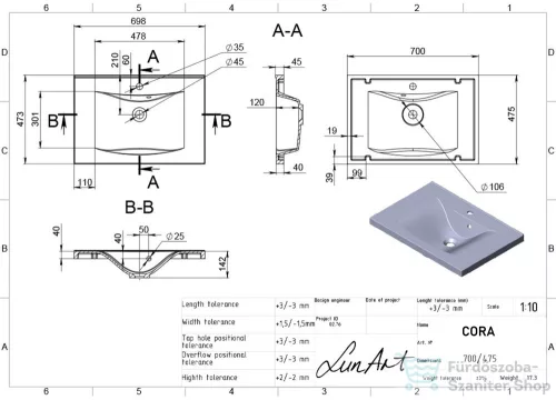 Lunart Cora 700 70x47,5 cm-es beépíthető öntöttmárvány mosdó,matt fehér 5999123006202
