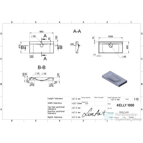 Lunart Kelly 1000 100x48 cm-es pultra ültethető öntöttmárvány mosdó túlfolyó nélkül,szürke kvarc 5999123006264