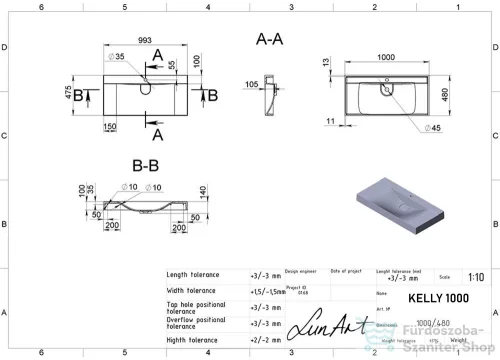 Lunart Kelly 1000 100x48 cm-es pultra ültethető öntöttmárvány mosdó túlfolyó nélkül,szürke kvarc 5999123006264