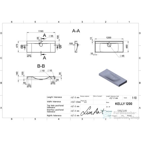 Lunart Kelly 1200 120x48 cm-es pultra ültethető öntöttmárvány mosdó túlfolyó nélkül,matt fehér 5999123006288