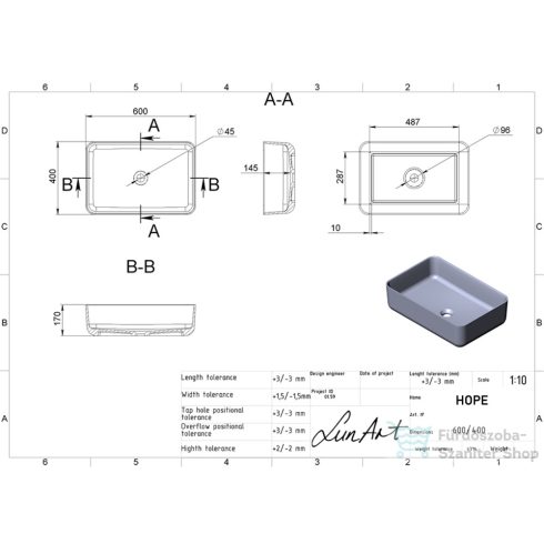 Lunart Hope 60x40 cm-es pultra ültethető öntöttmárvány mosdó csaplyuk és túlfolyó nélkül,matt fehér 5999123006325