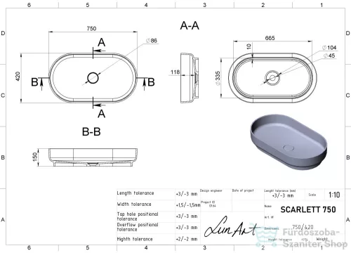 Lunart Scarlett 750 75x42 cm-es pultra ültethető öntöttmárvány mosdó csaplyuk és túlfolyó nélkül,fényes fehér 5999123006394