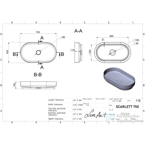 Lunart Scarlett 750 75x42 cm-es pultra ültethető öntöttmárvány mosdó csaplyuk és túlfolyó nélkül,matt fehér 5999123006400