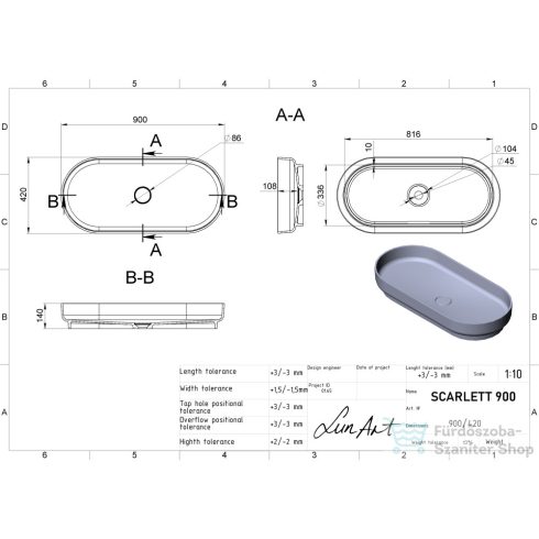 Lunart Scarlett 900 90x42 cm-es pultra ültethető öntöttmárvány mosdó csaplyuk és túlfolyó nélkül,matt fehér 5999123006448