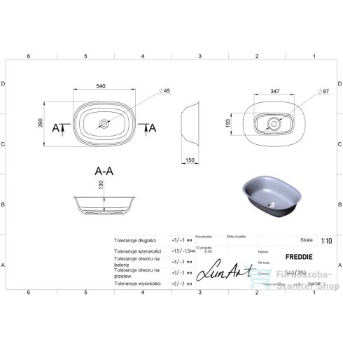 Lunart Freddie 54x39 cm-es pultra ültethető öntöttmárvány mosdó csaplyuk és túlfolyó nélkül,matt fehér 5999123006486