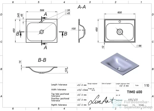 Lunart Timo 600 60x45 cm-es beépíthető öntöttmárvány mosdó túlfolyó nélkül,fekete kvarc 5999123006615