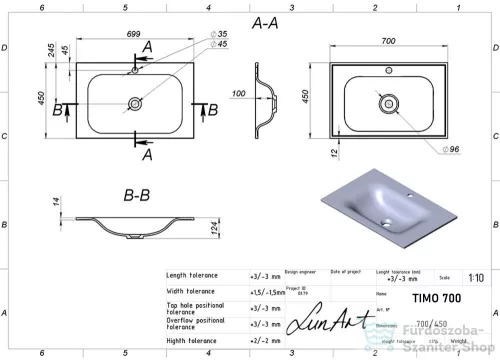 Lunart Timo 700 70x45 cm-es beépíthető öntöttmárvány mosdó túlfolyó nélkül,fényes fehér 5999123006639
