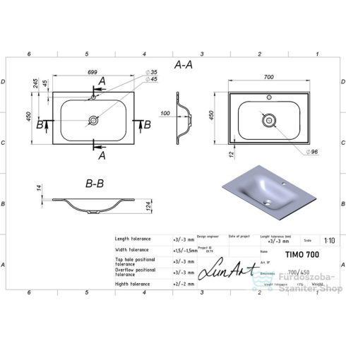 Lunart Timo 700 70x45 cm-es beépíthető öntöttmárvány mosdó túlfolyó nélkül,szürke kvarc 5999123006660