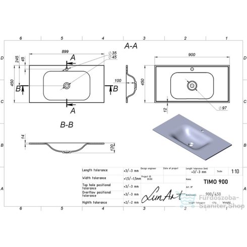 Lunart Timo 900 90x45 cm-es beépíthető öntöttmárvány mosdó túlfolyó nélkül,matt fehér 5999123006721