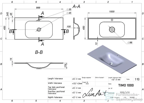 Lunart Timo 1000 100x45 cm-es beépíthető öntöttmárvány mosdó túlfolyó nélkül,matt fehér 5999123006745