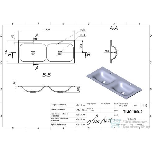 Lunart Timo 1000-2 100x45 cm-es 2 medencés beépíthető öntöttmárvány mosdó túlfolyó nélkül,matt fehér 5999123006769