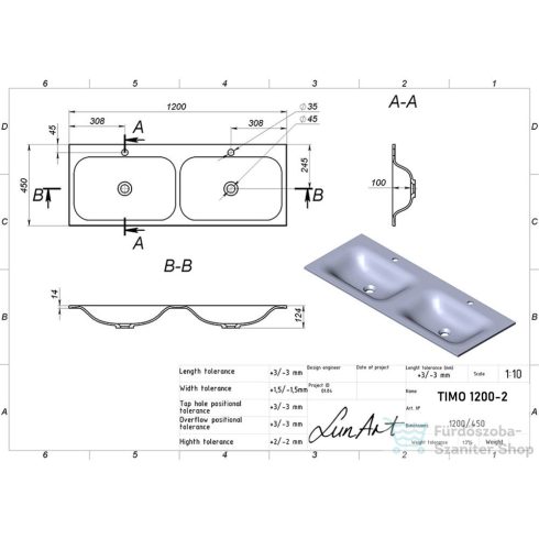 Lunart Timo 1200-2 120x45 cm-es beépíthető öntöttmárvány mosdó túlfolyó nélkül,fényes fehér 5999123006776