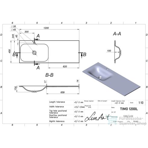Lunart Timo 1200 L 120x45 cm-es beépíthető öntöttmárvány mosdó túlfolyó nélkül,matt fehér 5999123006806