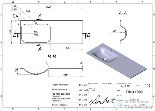 Lunart Timo 1200 L 120x45 cm-es beépíthető öntöttmárvány mosdó túlfolyó nélkül,matt fehér 5999123006806