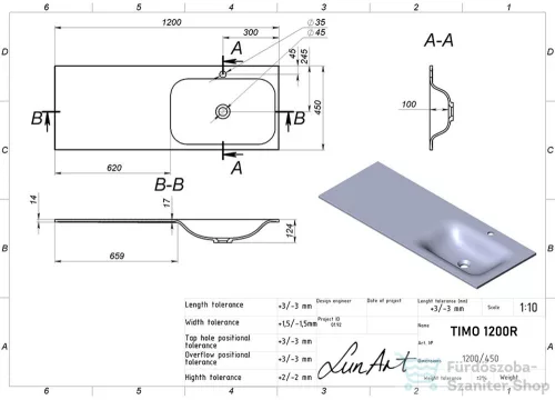 Lunart Timo 1200 R 120x45 cm-es beépíthető öntöttmárvány mosdó túlfolyó nélkül,fényes fehér 5999123006820