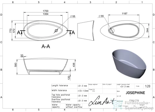 Lunart Josephine 170x77 cm-es szabadon álló öntöttmárvány kád szifon és túlfolyó nélkül,fényes fehér 5999123007100