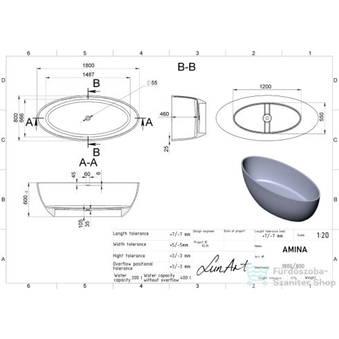 Lunart Amina 180x80 cm-es szabadon álló öntöttmárvány kád szifon nélkül,matt fehér 5999123007230