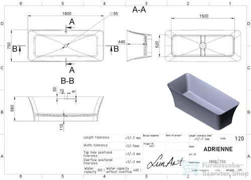 Lunart Adrienne 180x75,5 cm-es szabadon álló öntöttmárvány kád szifon nélkül,fényes RAL 9005 5999123009654