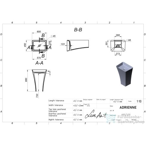 Lunart Adrienne 60x45x88 cm-es szabadon álló mosdó túlfolyó nélkül,matt fehér 5999123011053