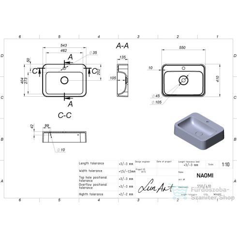 Lunart Naomi 55x41 cm-es pultra ültethető öntöttmárvány mosdó túlfolyó nélkül,fényes fehér 5999123011350