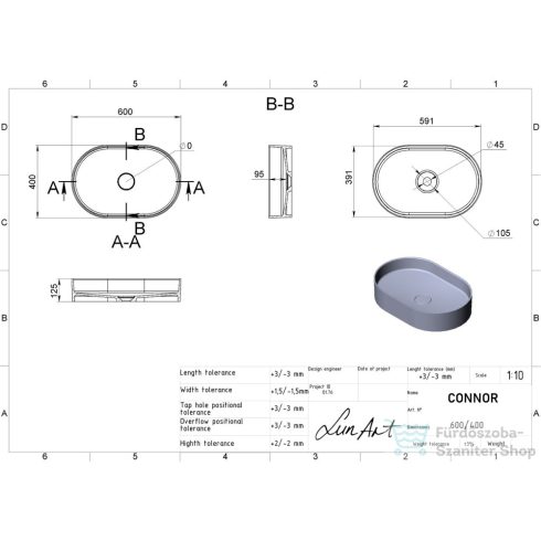 Lunart Connor 60x40 cm-es pultra ültethető öntöttmárvány mosdó csaplyuk és túlfolyó nélkül,fényes fehér 5999123011374