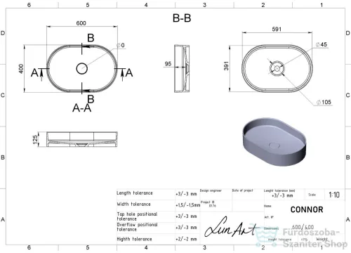 Lunart Connor 60x40 cm-es pultra ültethető öntöttmárvány mosdó csaplyuk és túlfolyó nélkül,fényes fehér 5999123011374