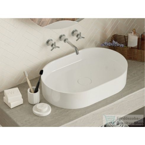 Lunart Connor 60x40 cm-es pultra ültethető öntöttmárvány mosdó csaplyuk és túlfolyó nélkül,fényes fehér 5999123011374