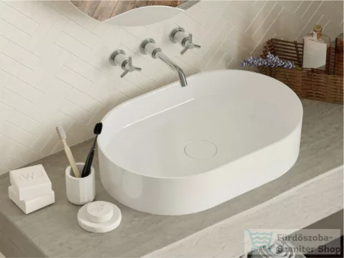 Lunart Connor 60x40 cm-es pultra ültethető öntöttmárvány mosdó csaplyuk és túlfolyó nélkül,fényes fehér 5999123011374