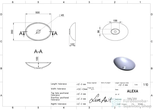 Lunart Alexa 50x35 cm-es pultra ültethető öntöttmárvány mosdó csaplyuk és túlfolyó nélkül,fényes fehér 5999123011398