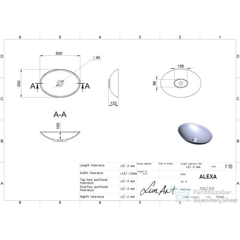 Lunart Alexa 50x35 cm-es pultra ültethető öntöttmárvány mosdó csaplyuk és túlfolyó nélkül,matt fehér 5999123011404