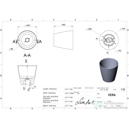 Lunart Vera 44x44 cm-es pultra ültethető öntöttmárvány mosdó csaplyuk és túlfolyó nélkül,fényes fehér 5999123011442