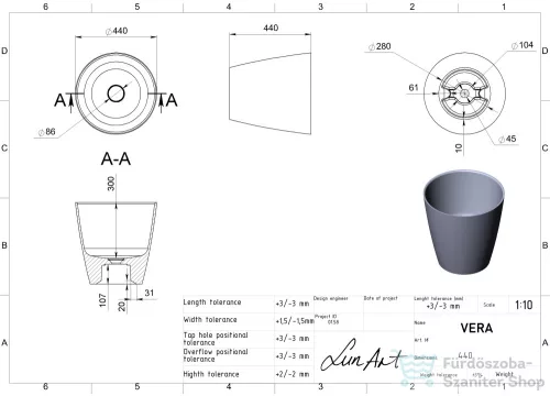 Lunart Vera 44x44 cm-es pultra ültethető öntöttmárvány mosdó csaplyuk és túlfolyó nélkül,fényes fehér 5999123011442