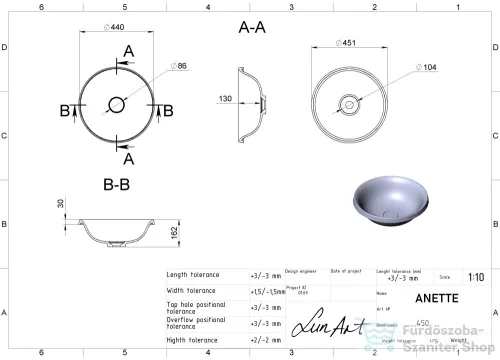 Lunart Anette 44 cm-es beépíthető öntöttmárvány mosdó csaplyuk és túlfolyó nélkül,matt fehér 5999123011480