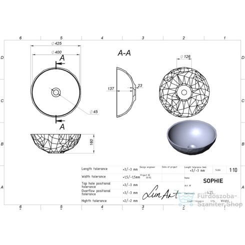 Lunart Sophie 42,5 cm-es pultra ültethető öntöttmárvány mosdó csaplyuk és túlfolyó nélkül,fényes fehér 5999123014207
