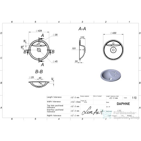 Lunart Daphne 43 cm-es beépíthető öntöttmárvány mosdó,matt fehér 5999123014313