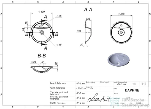 Lunart Daphne 43 cm-es beépíthető öntöttmárvány mosdó,matt fehér 5999123014313