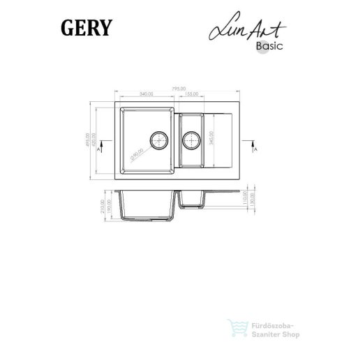 Lunart Gery 79,5x49,5 cm-es öntött gránit mosogató medence gyümölcsmosóval,szifon nélkül,Midnight black 5999861632220