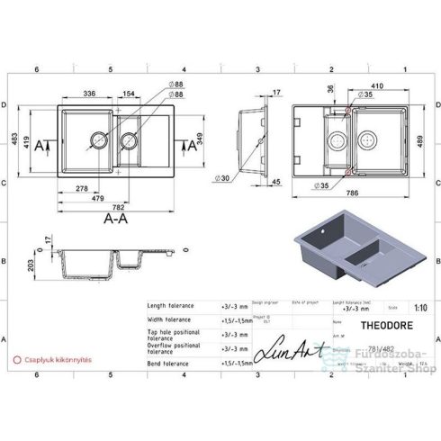Lunart Theodore 78,6x48,9 cm-es öntött gránit mosogató medence gyümölcsmosóval,szifon nélkül,Pearl white 5999861632848