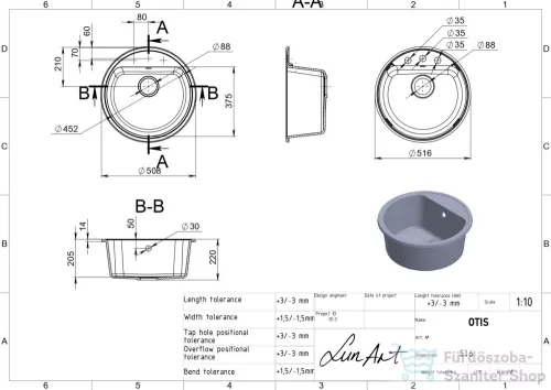 Lunart Otis 51,6 cm-es öntött gránit mosogató medence szifon nélkül,Pearl white 5999861632855