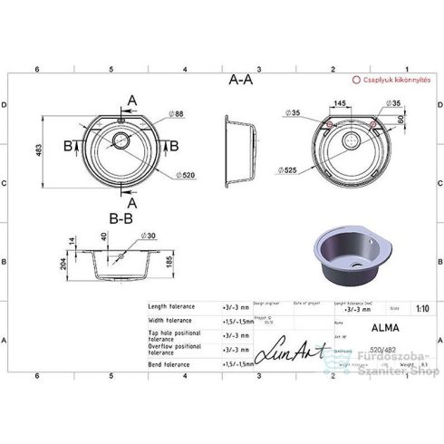 Lunart Alma 52,5x48,3 cm-es öntött gránit mosogató medence szifon nélkül,Szürke 5999861632954