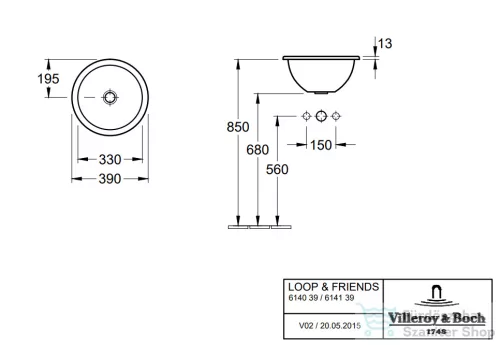 Villeroy & Boch Loop & Friends 39cm-es beépíthető mosdó túlfolyóval, csaplyuk nélkül 6140 39 01 ( 61403901 )