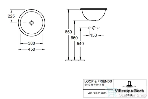 Villeroy & Boch Loop & Friends 45cm-es beépíthető mosdó túlfolyóval, csaplyuk nélkül 6140 45 01 ( 61404501 )